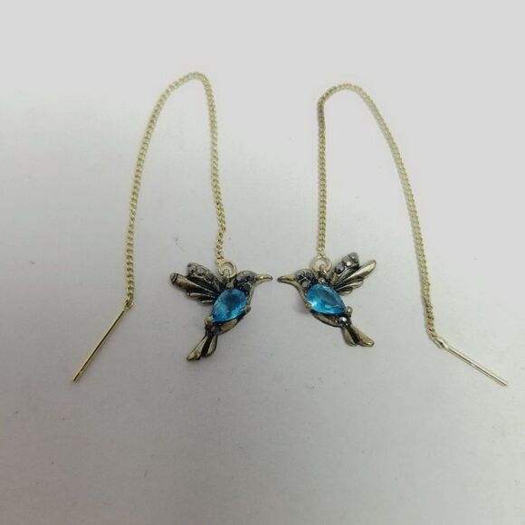 Vintage Hummingbird Threader Chain Earrings, Blue Rhinestone Gold Tone Chain - Picture 5 of 5